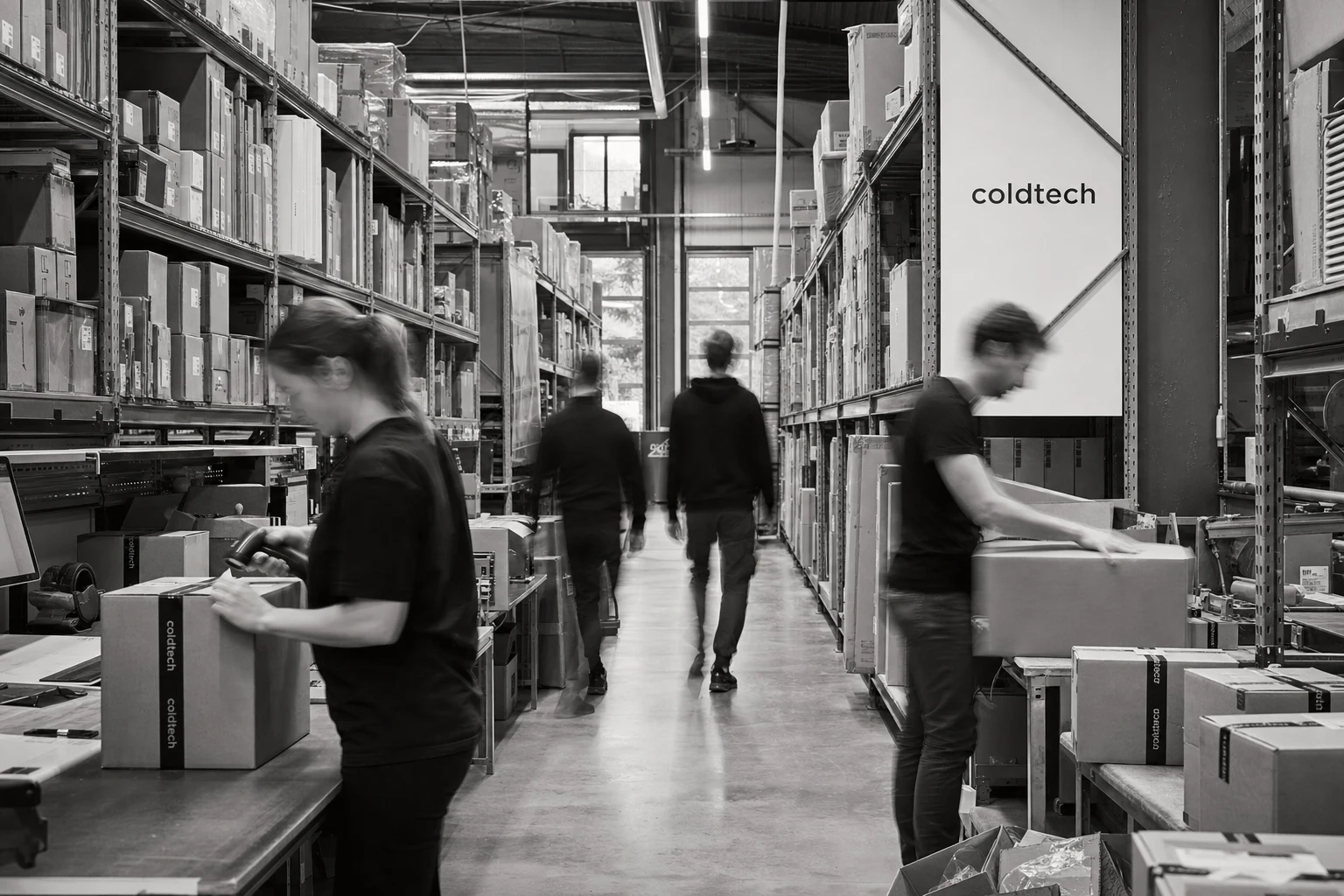 Geënsceneerde zwart-wit beeldillustratie van medewerkers in een compact coldtech-magazijn